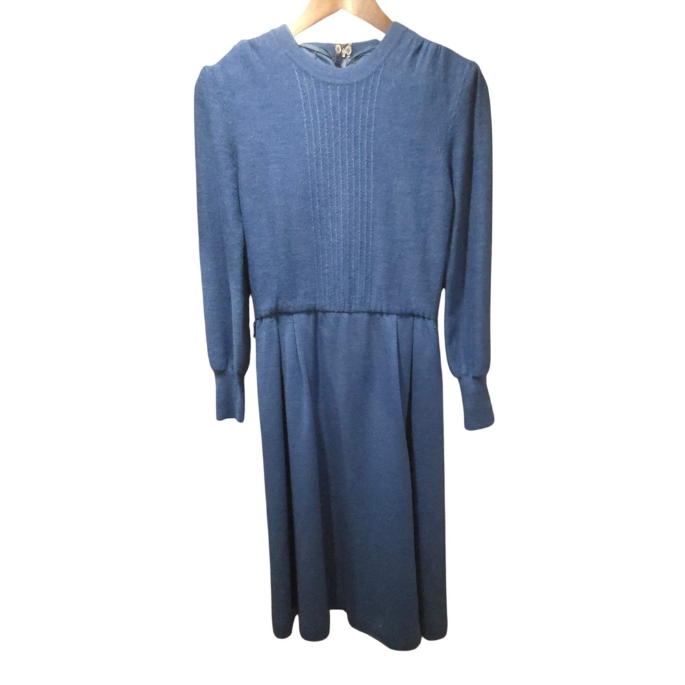 Ciao Ltd Vintage Blue 100% Pure Wool Knit Midi Dress Long Sleeve XS Hong Kong